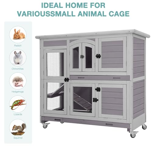 2-Tier Indoor Rabbit Hutch Bunny House Guinea Pig Cage with Sliding Plastic Trays, Wheels & Ramp, 47.2" Multi-Door Wooden Small Animal Cage for Rabbits, Bunnies, and Guinea Pigs (Grey) - color: Grey