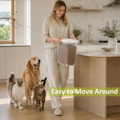 5-10 Lbs Airtight Cat Dog Food Storage Container, 8QT Compact Pet Food Bin | Plastic Food Container with Buckle-Lock Lid & Scoop for Dog, Cat, Bird Seed, Pet Food, Chicken, Dry Food, Rice, Cereal, Flour - color: Bright White