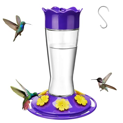Kingsyard Glass Hummingbird Feeder for Outdoors Hanging, 14 oz Leak-Proof Humming Bird Feeders with Ant Moat & Bee Proof Feeding Ports, Hummingbird Gift for Bird Lovers (Updated Purple) - color: Light Purple