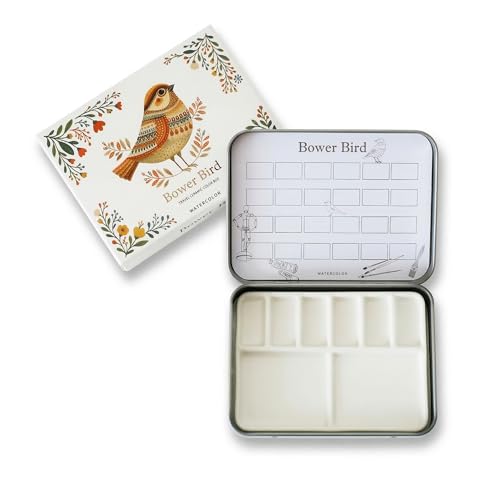 Bower Bird Travel Ceramic Watercolor Palette with Porcelain Mixing Tray, Metal Tin Box, White, 5.3x3.5x0.55 Inches, Portable Art Kit (8Well)