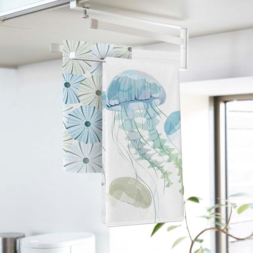 Coastal Jellyfish Kitchen Dish Towels Set of 2 | Blue Beach Ocean Marine Life Drying Hand Towel Baking Cooking Cloth, Nautical Sea Creature Deck Bathroom Home Decoration - color: Jellyfish