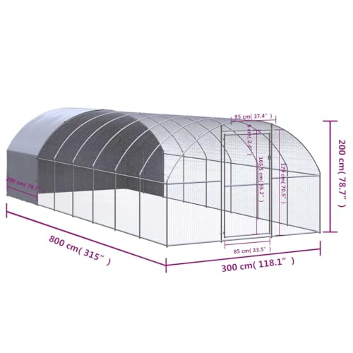 Galvanized Steel Chicken Coop 9.8x26.2x6.6 ft Large Chicken Run for Hens Ducks, Outdoor Poultry Cage with Water-Resistant Polyethylene Roof, Easy to Clean - size: 118.1" x 315.0" x 78.7"