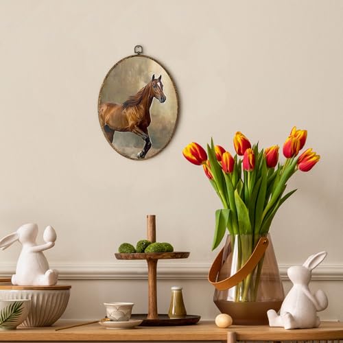 EGVQK Horse Racing Decor Oval Wall Art, Vintage Western Decor Framed Canvas Prints Wall Art, Equestrian Oval Canvas Hanging Decor for Cottage Farmhouse Boys Room Bedroom Gym Decorations, 8.5x11.5in - color: animal_17
