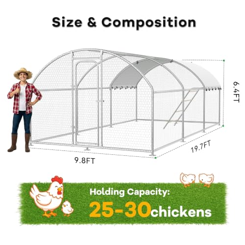 10 x 19.7 x 6.4 FT Metal Chicken Run, Chicken Coop with Cover | Reinforced frame, Walk-in Chicken Coop, Waterproof Cover, Side Hardware Cloth, Roosting Perch, Backyard & Farm Use - size: 236.3"L x 118.2"W x 77.6"H