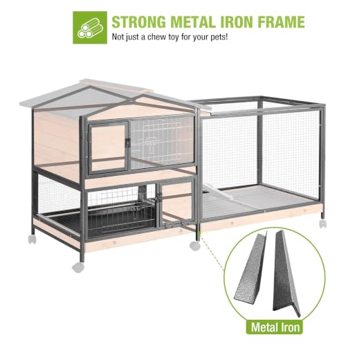 GUTINNEEN Rabbit Hutch with Chew-Resistant Metal Frame Indoor Bunny Cage Outdoor Rabbit Cage with Wheels and Leakproof Tray - color: Wooden Brown
