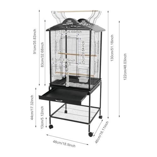 Bird Flight Cage with Rolling Stand 51" H Large Bird Cage W/Tray & Waterproof Roof, Wheels-Freestanding Bird Cage for Cockatiel, Budgerigar, Lovebird, Sun Conure, Cockatoo-Black