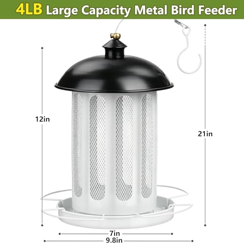 Bird Feeder, 4LB Large Capacity Bird Feeders for Outdoor Hanging | Heavy Duty Metal, 4 Perches, With Drain Holes, Wild Birdfeeder, For Outside Garden Yard Decor, Retro Lantern Shape - color: Black & White