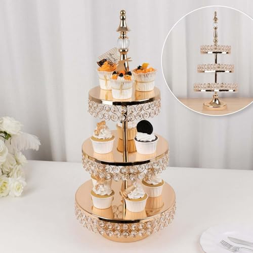 Efavormart 3-Tier Crystal Beaded Gold Metal Cake Stand, Cupcake Tower Dessert Display Stand with Round Mirror Top - 26" Tall - color: Gold, size: 3-Tier 26" Crystal