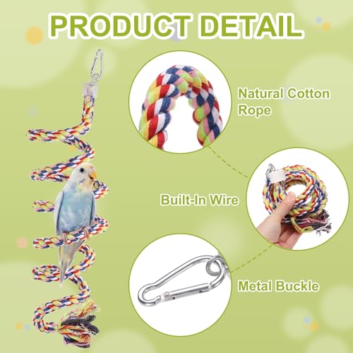 Bird Rope Perch Swing, Spiral Rope Perch Standing Pole Accessory Climbing Swing Paw Grinding 59 Inch, (Rainbow) Intended for Parrot/Parakeet/Budgies/Cockatiels/Lovebirds - color: Rainbow, size: 59 Inch