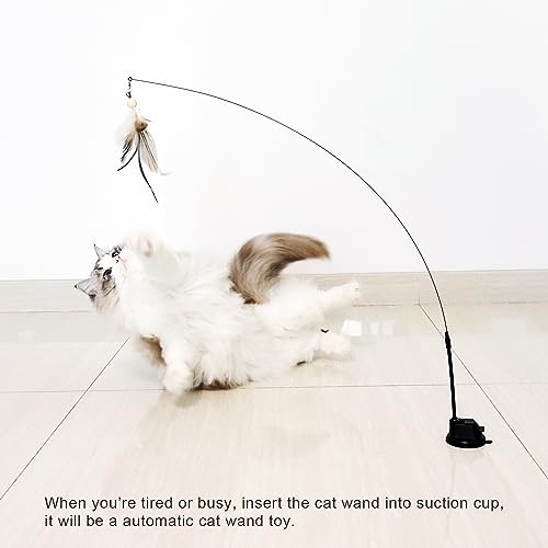 Cat Feather Wand Toy with Suction Cup, 2 in 1 Hands Free & Handheld Interactive Cat Teaser, Long Flexible Steel Wire Stick, 3 Replaceable Feather Bird Attachments with Bells for Indoor Kittens & Cats. - color: Classic Suction Toys (3 Refills）