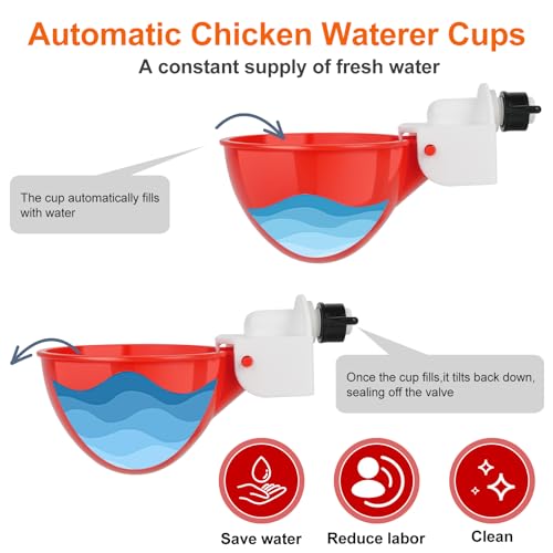 Automatic Chicken Waterer Cups, 6 Pack Large Chicken Water Feeder | Chicken Water Cups, Poultry Waterer Great for Duck, Chicken, Goose, Turkey, Bunny and Bird with Installing Drill