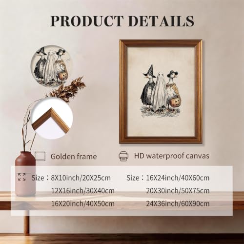 Funny Animal Goose Witchy and Ghost Wall Art Gold Framed 08x10 inch Vintage Halloween Spooky Poster Aesthetic Gothic Canvas Prints For Farmhouse Nursery Wall Decor - color: Beige, size: 10"L x 8"W, style: Gold Framed