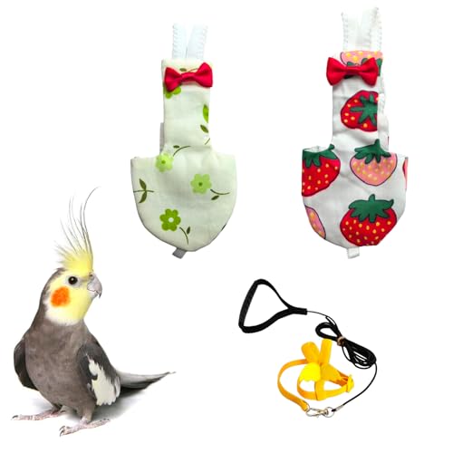 UKJENT Bird Diaper with 78 Inch Flying Leash - 2 Pack, Reusable Flight Suit with Waterproof Inner Layer, Washable Cute Urine Wet Suit for Cockatiel Monk Parakeet Sun Parakeet Lory(M) | 2 Pack Large Protective Parrot Nappy, Urine Wet Suit for Parakeets Con