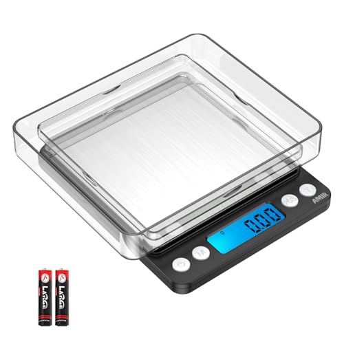 AMIR Digital Kitchen Scale, 500g/0.01g Mini Pocket Jewelry Scale, Cooking Food Scale with Backlit LCD Display, 2 Trays, 6 Units, Auto Off, Tare, PCS Function, Stainless Steel, Battery Included, Black - color: Black