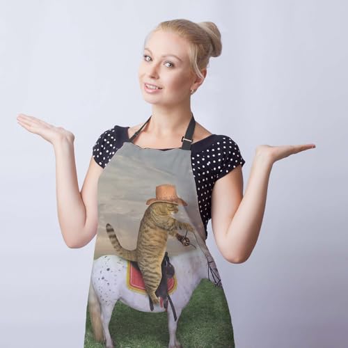 Kitchen Aprons for Women the Cat Cowboy on a Horse Mans Cooking Apron for Cooking Restaurant BBQ Painting Crafting Gardening 27” (W) x 31” (H), Waterproof Aprons - color: The Cat Cowboy on a Horse
