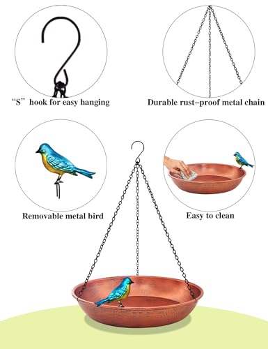 Hanging Bird Bath for Outdoor, 11 Inch Dia Antique Copper Metal Bird Feeder Birdbath Bowl Mounted Black Chain Metal Yard Art Garden Decor 0.5 Gallon - color: Antique Copper Finish