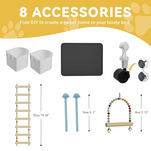STILLCOVE Medium Flight Bird Cage, with Bowls & Perches & Ladder & Swing | with Removable Tray, Universal Wheels, Birdcage for Parakeet, Parrot, Cockatiel, Conure, Budgie, Canary, Finch, Lovebird - size: 14.2"L x 14.6"W x 39.4"H