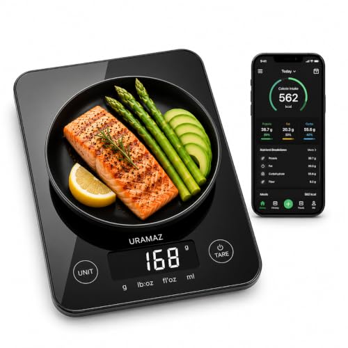 URAMAZ Smart Food Scale with Nutritional Calculator, Digital Kitchen Scale with Bluetooth App for Weight Loss, Food Weight Scale for Diet, Keto, Macro, Calories Counting, Tracking, 11lb - color: Black