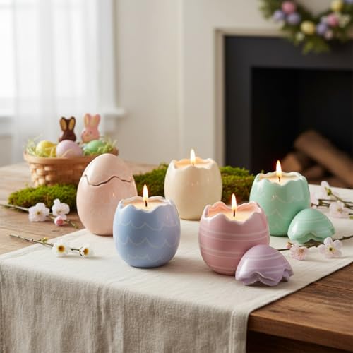 Sumind 6 Pcs Easter Egg Shaped Scented Candles Gifts Pastel Vanilla Scented Easter Burning Candles with Lids Decorations Gifts for Women Spring Holiday Birthday Home Party Decor