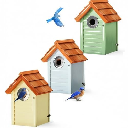 3pk Bluebird Bird Houses for Outside Clearance - Bird House for Wall Mounting - Tree Swallow Nest Box with Stainless Steel Predator Guard - Cedar Shingles Roof UV Painting - 10 Years Outdoor