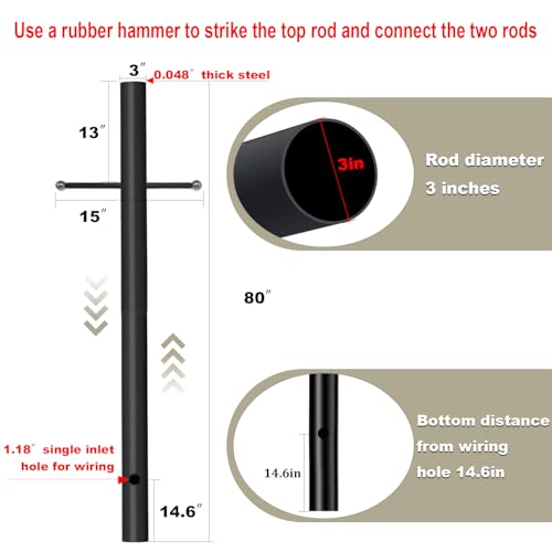 80 in. x 3 in. Black Direct Burial Outdoor Lamp Post - Cast Iron Cross Arm, Weather Resistant for Driveway/Front Yard/Pathways - size: lamp post 80 in with crossbars