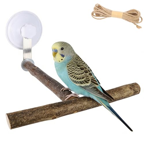 Natural Wood T-Shaped Bird Perch with Suction Cup for Window | Portable T-shaped parakeet window stand & bird shower perch for cockatiel, lovebird or budgie. Fits glass, mirrors & tiles