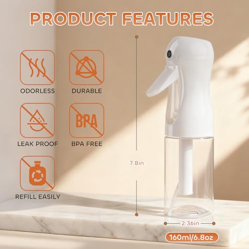 AMOMELA 2Pcs Continuous Spray Bottle For Hair,Ultra Fine Refillable Water Mister for Hair Styling, Plants, Cleaning, Salon, Misting & Skin Care（200ml/6.8oz Clear） (200ML 2PACK)