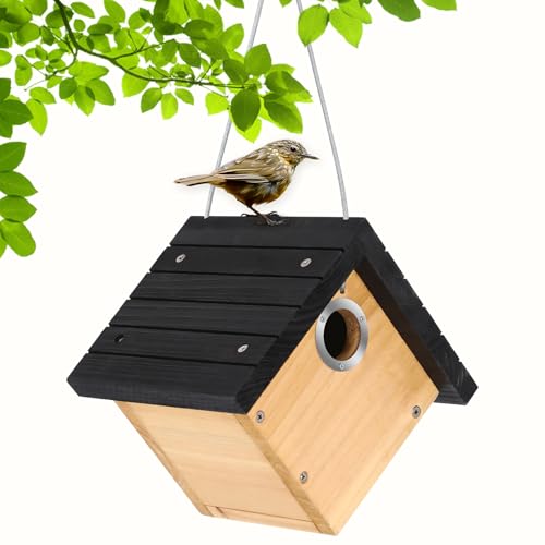 Gtongoko Hanging Wren Bird Houses for Outside with 1-1/8" Entrance 1 Pack | Wood Nesting Box with Metal predator guard, Climbing Grooves, Clean-Out Door, Air-Vent for Wrens & Carolina Wrens - color: Black-1pc