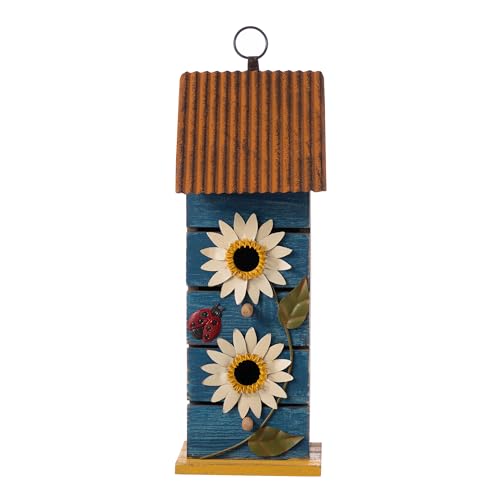 Glitzhome Bird Houses for Outside, 15" H Two-Tiered Wooden Bird House Patio Garden Hanging Birdhouse, Distressed Daisy Pet Cottage Decorative Birdhouse for Outdoors,Washed Blue - color: 15"H Blue