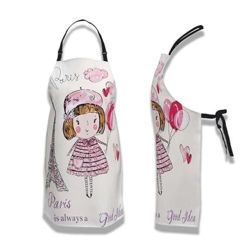 Mom Apron for Women Eiffel Tower, Little Girl in Paris Mans Aprons for Kitchen Cooking Restaurant BBQ Painting Crafting Gardening 27” (W) x 31” (H), Waterproof Apron - color: Eiffel Tower