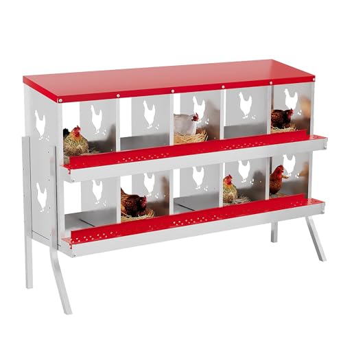 Chicken Nesting Boxes 10 Holes Galvanized Steel Rustproof Egg Laying Box with Egg Collection Systems, Hen Eggs Laying Box, Ventilated/Easy to Install, for Chicken House/Duck House/Hen - color: Red, size: 10 Holes with Legs