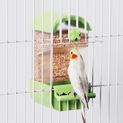 Yummy Sam No Mess Automatic Bird Feeder with Perch for Cage, Acrylic Transparent Bird Cage Feeder Parrot Seed Feeders Food Container Cage Accessories for Small Medium Birds Parrot Cockatoo Canary - color: Green