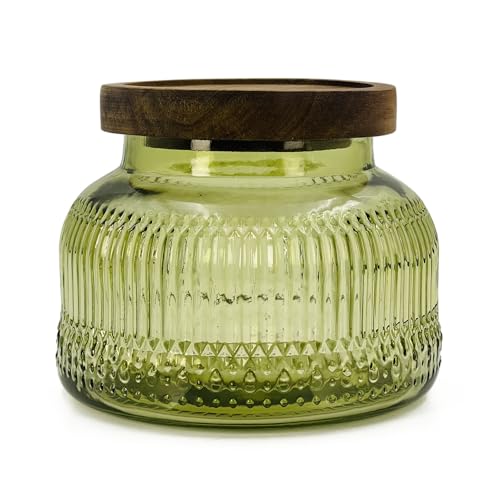 Decorative Green Ribbed Glass Jar with Airtight Wooden Lid, 25.4 fl. oz | Wide mouth vintage storage canister, kitchen pantry bathroom organization, coffee sugar tea cookie candy candle vase gift - size: 25.4 Ounces, style: Green Ribbed