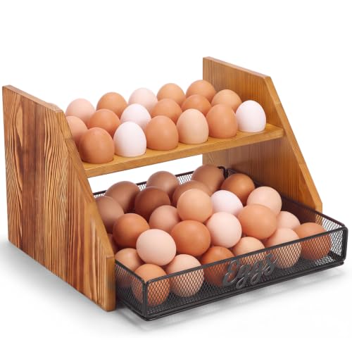 LemonRoad Wooden Egg Holder Fresh Egg Holders with Wire Basket Organizer for Countertop 24+60 Eggs Rustic Kitchen Organizer Basket for Gathering Fresh Chicken/Duck/Quail/Turkey Eggs (Wood Color) - color: Wood Color