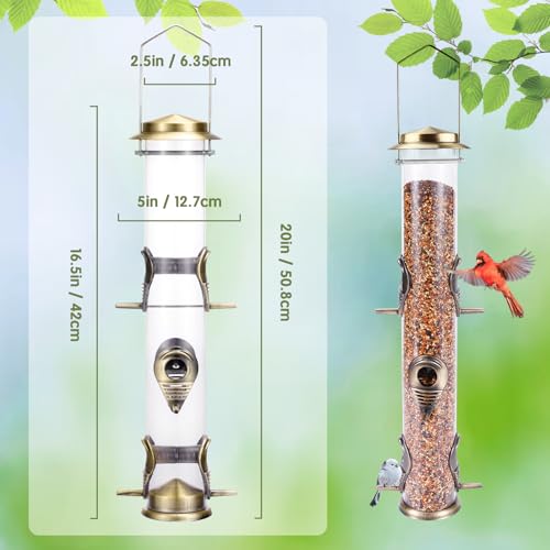 Metal Bird Feeder Tube Hanging Wild Bird Seed Feeder Aluminum Six Port Bird Feeders,1.4 mm Extra Thick Solid Tube Transparent with Steel Hanger Great for Attracting Birds (Bronze 2PK) - color: Bronze 2PK