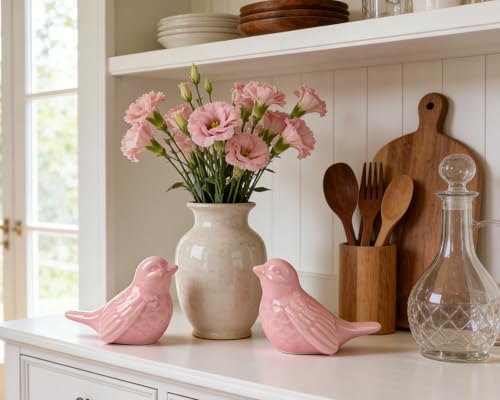 Set of 2 Ceramic Pink Bird Figurines, 3.75 Inch Modern Bird Statues Home Decor, Cute Small Knick Knacks for Shelf, Office, Living Room, Bathroom, Kitchen, Housewarming Gift - color: Pink