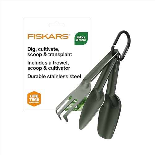 Fiskars 3-Piece House Plant Cultivating Tool Set for Indoor Gardening | Nesting Trowel, Soil Scoop & Cultivator, Stainless Steel with Green Powder Coat Finish, Space-Saving Design for Repotting - size: 3-Piece Set