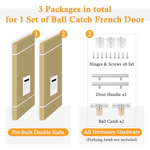 60x80 Interior French Door,1-Lite Frosted Glass Doors,DIY Prehung Room Door | Prefinished & Paintable Double Doors with Ball Catches & Hinges & Handles, Tempered Frosted Glass, Interior Swing Closet Door - color: Full Frosted Glass, size: 60" x 80"