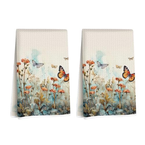 2 Pcs Flower Butterfly Kitchen Towels Decorative Hand Towels 02 | Waffle Soft Tea Towel for Home, Bathroom, Absorbent Microfiber Dish Cloth, Butterfly Gifts, Housewarming Gifts - color: Multi 1257