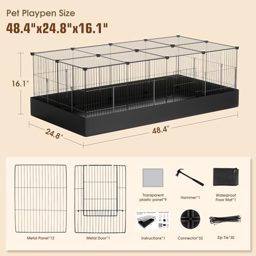 20 Panels Small Animal Playpen with Removable Top Cover & Waterproof Mat - Durable Metal Wire Yard Fence for Guinea Pigs, Rabbits - Indoor & Outdoor Pet Cage - style: 12-Panel Metal with roof