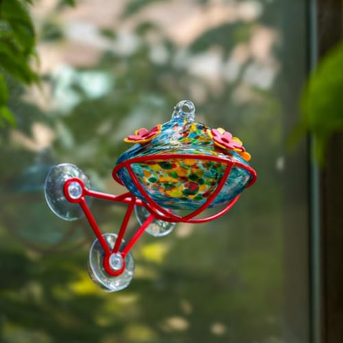 Window Hummingbird Feeder - Hand Blown Glass Mounted Hummingbird Feeder with Strong Suction Cups for Outdoor Window Mount (Blue) - color: Blue