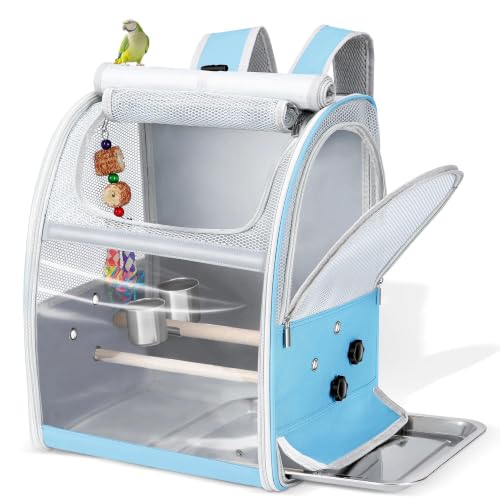 Sanmoncare Bird Carrier Backpack with 2 Adjustable Perches, Water-Repellent Parrot Travel Cage with Stainless Steel Tray, Breathable Pet Carrier for Cockatiels, Conures and Vet Visits, Blue - color: Blue