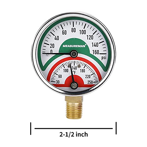 MEASUREMAN Tridicator, Thermo-Manometer, 2-1/2", 0-160psi/30-250 deg F, Black Iron Case, 1/4" NPT Lower Mount Pressure Gauge - size: Lower Mount-Dry
