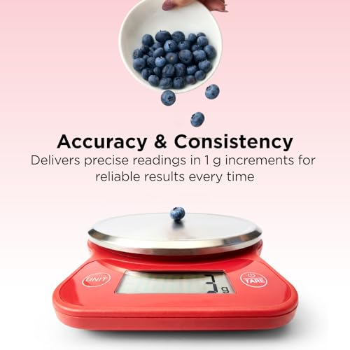 Kitchen Mama Q-Series Digital Food Scale, Red | 13.2 lb / 6000g Capacity, 1g Precision, Tare Function, Stainless Steel Platform, LCD Display - color: Red
