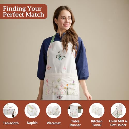 Maison d' Hermine Aprons for women with Pocket 100% Cotton (27.50"x31.50") | Adjustable Neck Strap & long ties Apron Men Chef Wedding Cooking Gardening Server Maid - color: 041 - Botanical Fresh