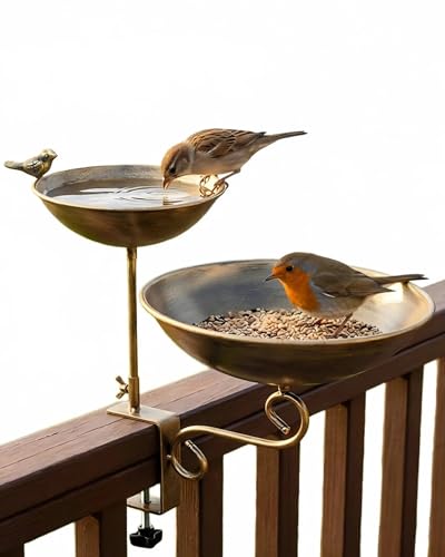 Dual Tier Deck Mounted Bird Bath with Feeder for Railing | Dual Levels for Backyard Bird Watching, Ideal for Cardinals, Finches & Sparrows, Adjustable Clamp Fits Decks, Easy Clean