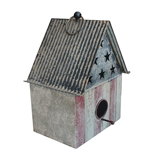 Rustic Vintage Metal Garden Birdhouse American Flag Design Single Roof Hanging Bird House for Outside