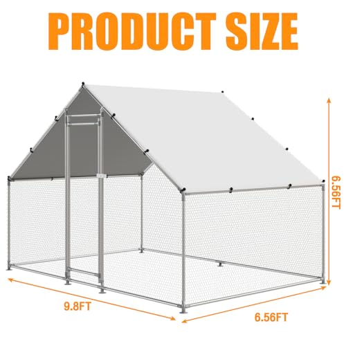 NUGRIART Large Metal Chicken Coop Walk-in Poultry Cage Hen Duck Run House with Waterproof & Anti-UV Cover Galvanized Rabbits Habitat Spire Shaped Cage for Outdoor Yard Farm Use - size: 6.56' L x 9.8' W x 6.56' H