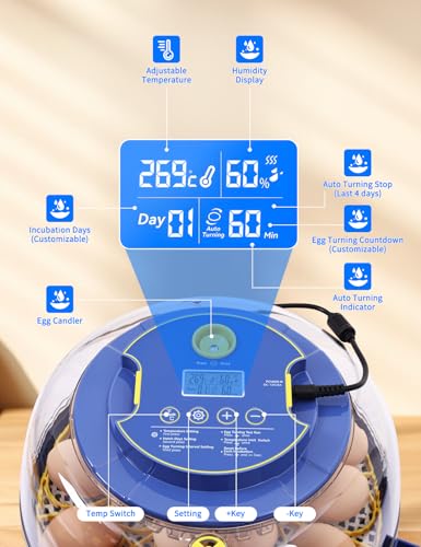 18-Egg 360° Panoramic Egg Incubator with Automatic Egg Turning and Humidity Control- Perfect for Hatching Chickens, Ducks, Quail & Other Birds (Blue)