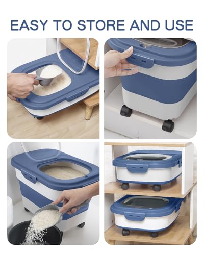20-30 Lbs Rice Storage Container,Collapsible Food Storage Container | Flour Storage Container with Wheels Airtight Locking Lid,Rice Container Double Seal,Keep Fresh for Pet Food,Rice,Flour - color: Dark Blue/20-30LBS